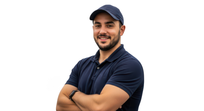 Man in blue polo shirt and baseball cap smiling arms crossed isolated on transparent background