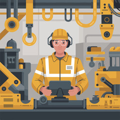 Illustration of a factory worker in yellow uniform operating machinery in an industrial setting space