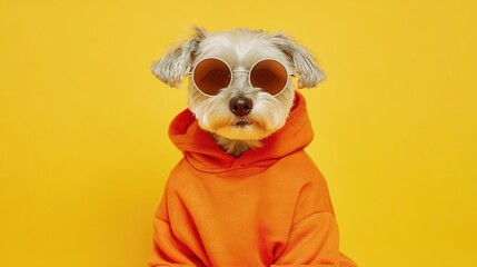 Minimalist pet dog in sunglasses and orange sweater against yellow background, trendy animal lifestyle template for pet products and social content.