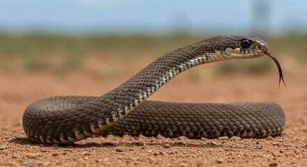 Fototapeta premium Brown Snake Sticking Out Tongue on Red Soil in Outdoor Setting
