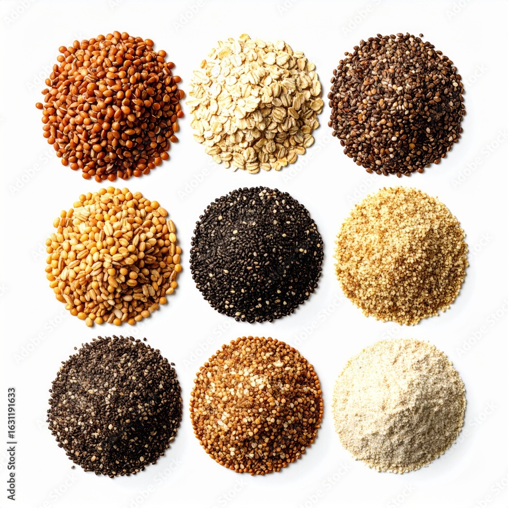 Poster assorted grains and seeds heaps in neat arrangement on white background flat lay