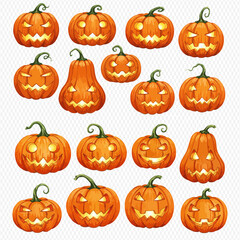 A collection of watercolor jack-o'-lanterns with glowing, carved faces for Halloween.