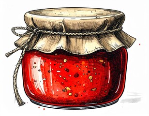 Ink Drawing of a Red Jam Jar with Golden Glitter and a Rustic Cloth Top