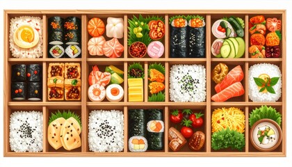 Fototapeta premium Elaborate Bento Box Displaying Colorful Japanese Cuisine and Culinary Presentation of Japanese Food