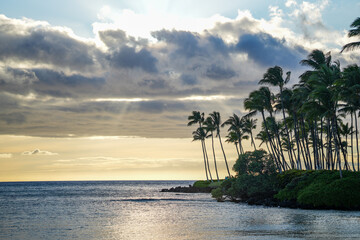 Dramatic Sunset and Colorful Clouds over the Pacific Ocean in Kona, Hawaii