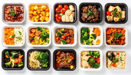 Overhead View of Assorted Meal Prep Containers with Vegetables and Protein on White Backdrop