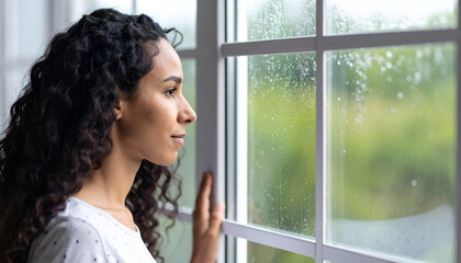 Woman gazing rainy window with home.