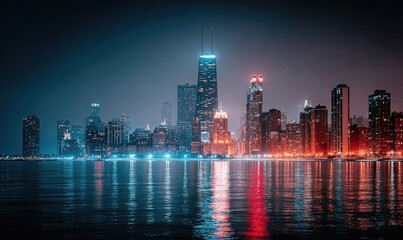 Vibrant night cityscape reflecting on water