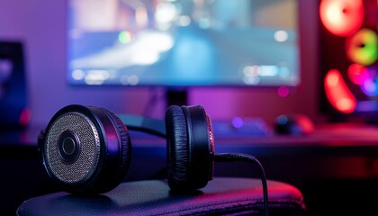 Immersive Gaming Setup with Neon Glow and Detailed Headphones