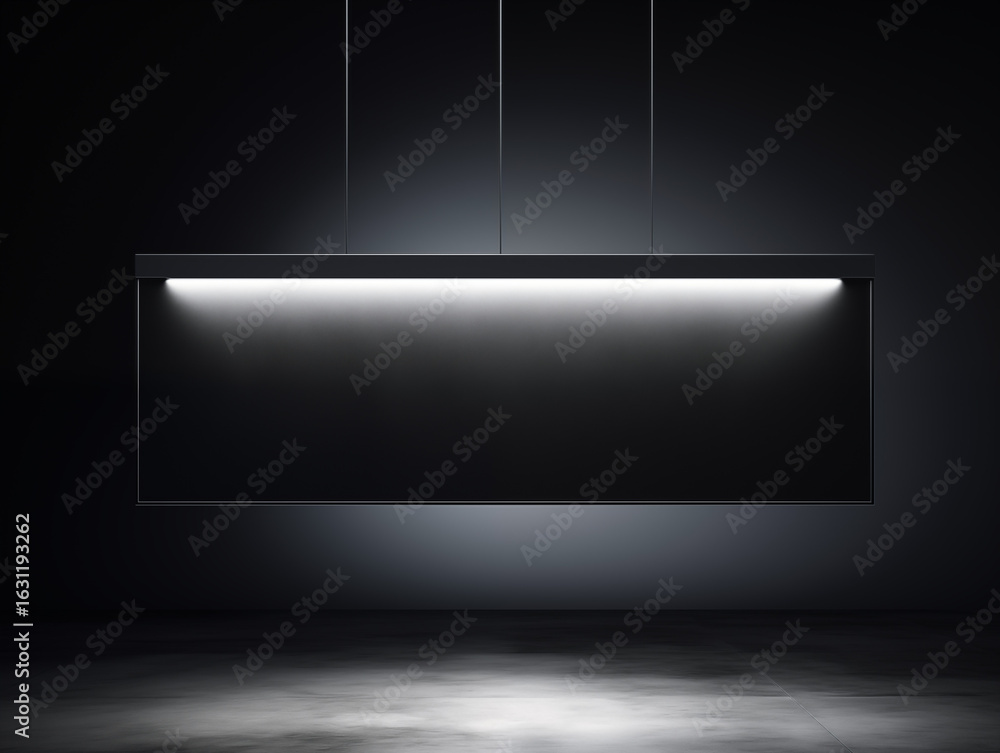 Poster sleek modern illuminated display panel suspended in a dark minimalist studio setting