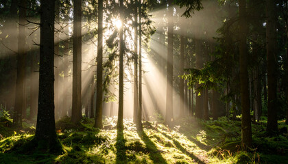 Sunbeams in Misty Forest. (3)