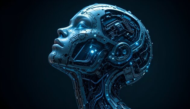 A cyborg female profile looks up to the light showcasing futuristic technology and digital art.