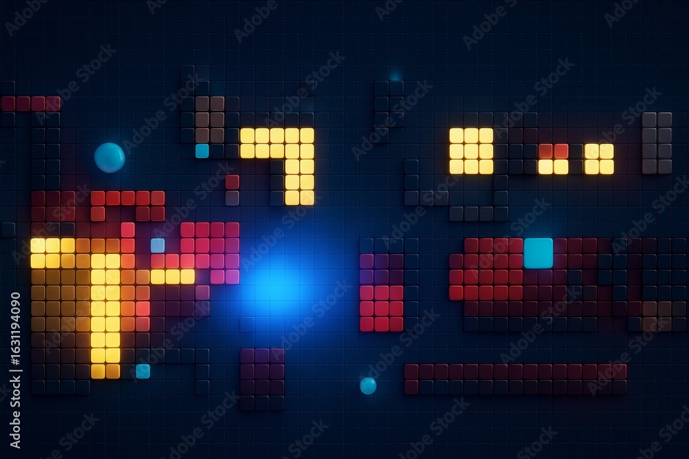 Poster glowing geometric blocks arranged in a digital mosaic pattern with neon lighting effects on a dark b