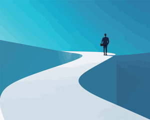 Obraz premium A man in a suit is walking across a bridge. The bridge is white and the sky is blue. The man is carrying a briefcase