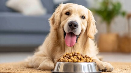 A happy golden retriever lies in front of a bowl filled with dry dog food, indoors on a carpet with a blurred couch in the background.