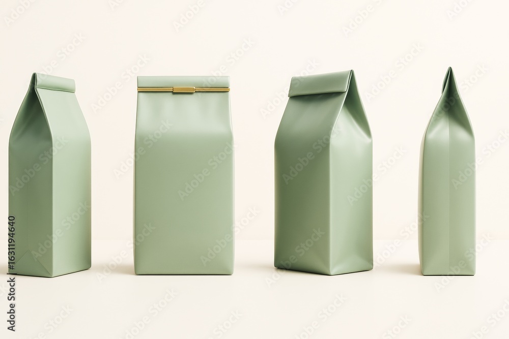 Poster minimal green packaging mockup with blank matte pouches standing in a row on a clean light backgroun