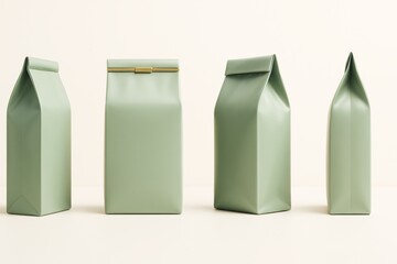 Minimal green packaging mockup with blank matte pouches standing in a row on a clean light background for branding and product design concept.