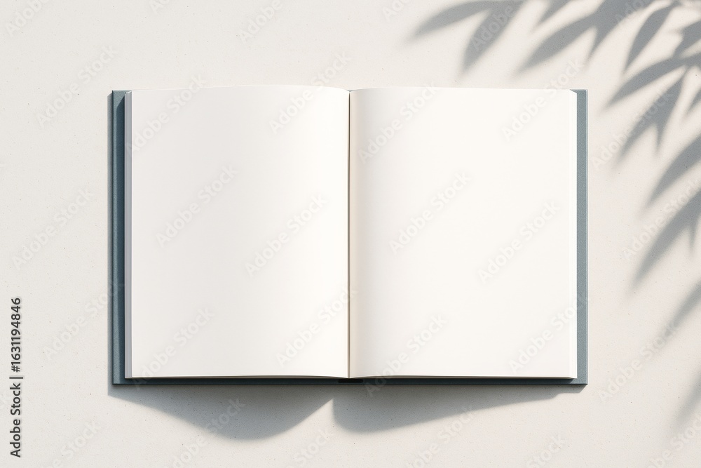 Poster open blank book with clean pages on light background with leaf shadows, perfect for mockup, design t