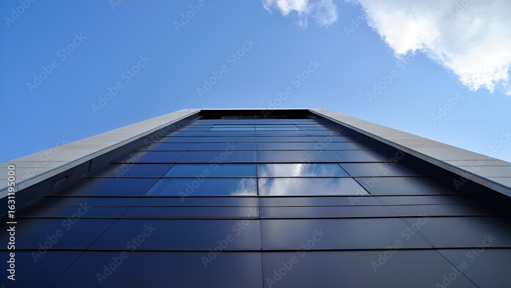 Poster modern architecture facade ascending into clear blue sky with white clouds reflecting within glass.