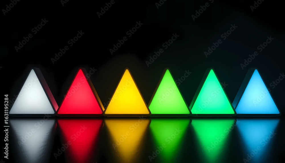 Poster a row of six illuminated triangular prism lights in various colors against a black background