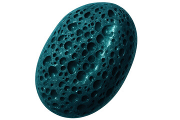 Porous turquoise asteroid egg drifting through starry cosmic expanse, revealing rocky interior...