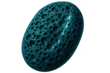 Porous turquoise asteroid egg drifting through starry cosmic expanse, revealing rocky interior against dark spacefield