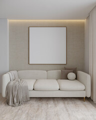 Mockup para cuadro con marco cuadrado en una sala acogedora en tonos beige, 3d render