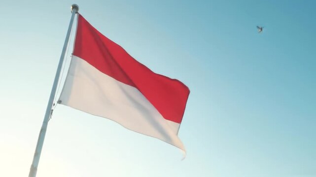 bendera indonesia red and white flag on pole with flying birds