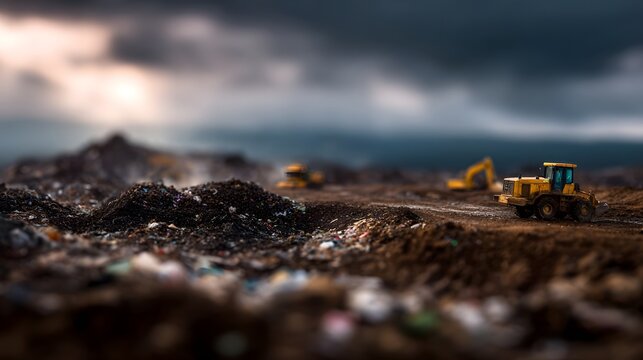 Heavy hinery operating at a landfill site amid a cloudy landscape