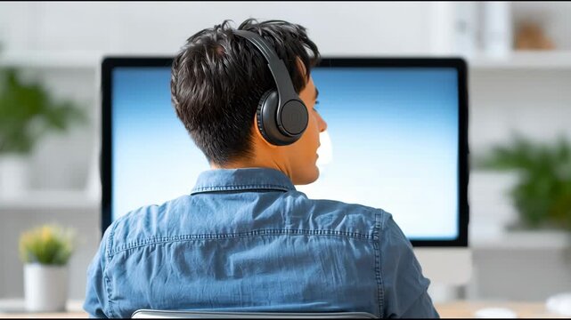 Person Wearing Headphones at Desk, Focusing on Computer Screen in Modern Workspace, Creating Focused Atmosphere with Technology