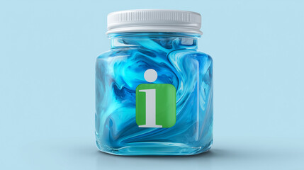 Obraz premium A clear jar with blue liquid and a white lid and a green label on a light blue background surface