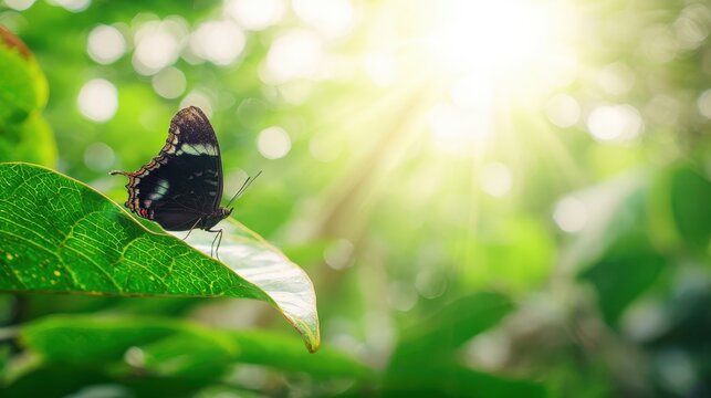 Black and white butterfly resting on a vibrant green leaf.