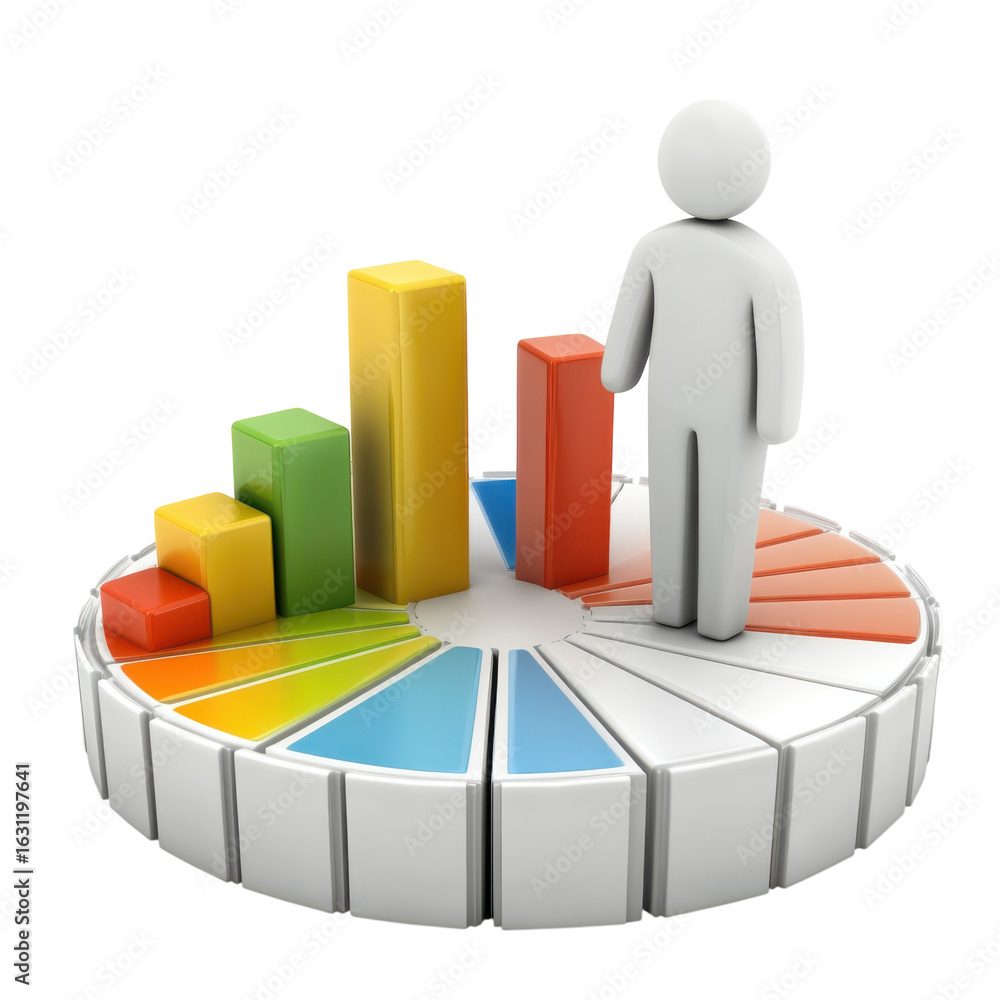 Poster 3d man standing on a colorful pie chart with rising bar graph, representing data analysis, financial