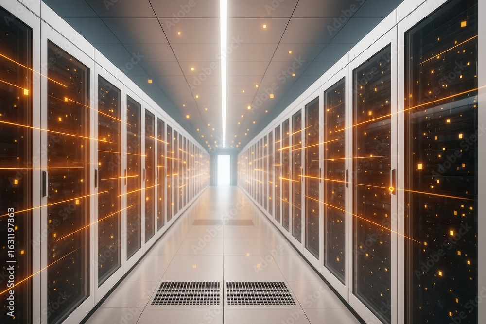 Aufkleber futuristic data center interior with glowing light particles and symmetrical server racks illustrati