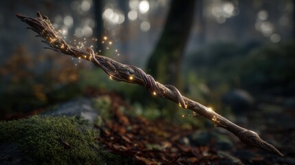 Mystical Wand: A close-up shot of a mystical wand lying on a mossy surface with a blurred forest backdrop. The wand glows, evoking a sense of wonder and magic.
