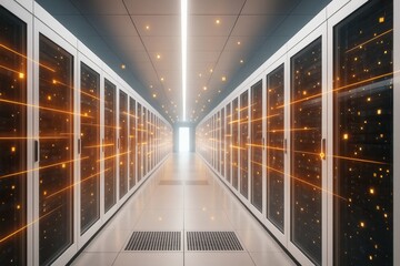 Futuristic data center interior with glowing light particles and symmetrical server racks illustrating digital data concept and tech industry background.