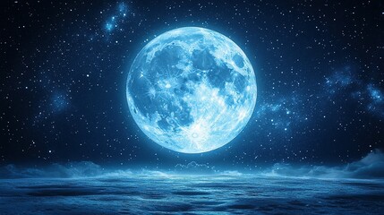 Obraz premium Radiant Blue Full Moon Illuminating a Starry Cosmic Night Sky over Mystical Waters