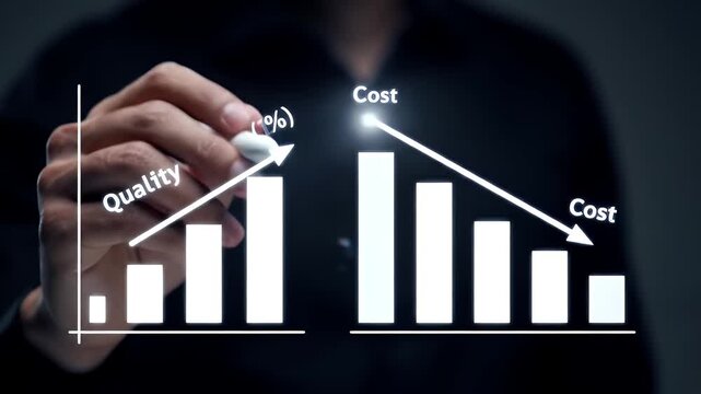 Quality Versus Cost Graph Drawn by Person in Dark Shirt with Light Lines
