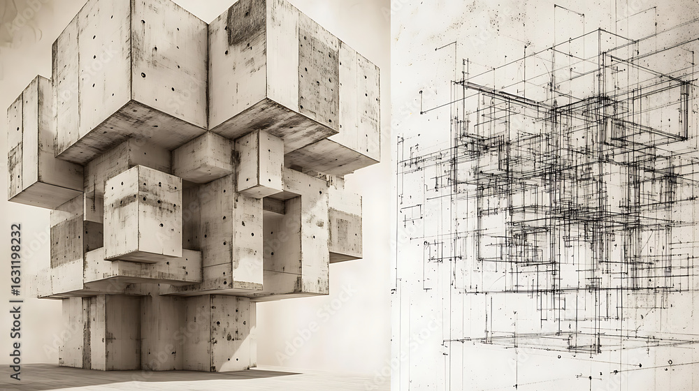 Poster a building made of concrete blocks, with a large cube in the center. the building appears to be a mo