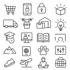 A versatile set of essential business, lifestyle, and travel icons, artfully presented with a minimalist aesthetic that conveys concepts of e-commerce, technology, and wellness.