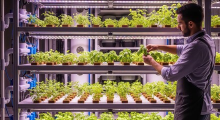 Agronomist Inspecting Fresh Basil Plants in a High-Tech Vertical Farming System