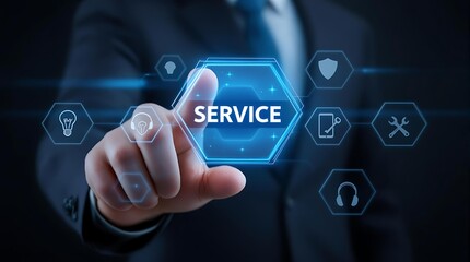 Professional businessman touches glowing digital service interface with various business icons for modern operations