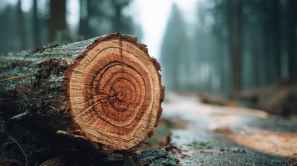 Fototapeta premium Cross-section of Time: A detailed close-up of a felled tree, showcasing intricate growth rings, rests in a misty forest, evoking a sense of timelessness and the enduring power of nature.