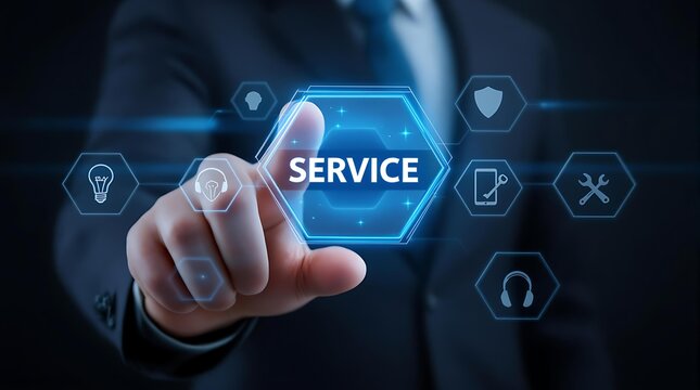 Professional businessman touches glowing digital service interface with various business icons for modern operations