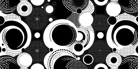 Abstract monochrome vector seamless pattern with halftone effect, featuring curved shapes, circles, squares, dots, and a mesh grid  ,  circles,  black and white