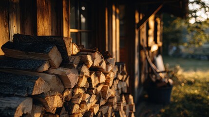 Woodpile at Rustic Cabin: Golden hour bathes a neat woodpile stacked against a charming rustic cabin, evoking warmth and the simple pleasures of country life.