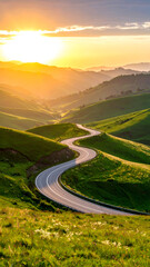 Obraz premium Winding road sunset mountain landscape.