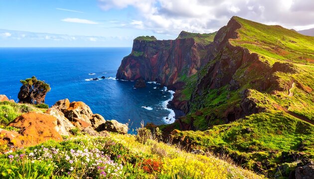 Dramatic coastal cliffs meet vibrant sea