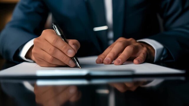 Signing Documents: A close-up of a person in a suit jacket signing paperwork with a pen on a reflective surface, embodying professionalism and attention to detail.