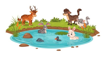 Obraz premium Delightful illustration of various woodland creatures gathered around a pond